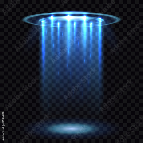 UFO light beam, aliens futuristic spacecraft isolated on transparent checkered b Poster