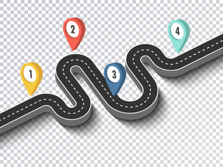 Wall Mural - Road trip and Journey route. Business and Journey Infographic Design Template with pin pointer. Winding road on a transparent background. 3D Stylish streamers. Vector EPS 10