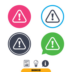 Poster - Attention sign icon. Exclamation mark. Hazard warning symbol. Report document, information sign and light bulb icons. Vector