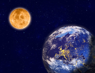 Wall Mural - planet earth and full moon on night sky. elements of this image furnished by nasa. 3d rendering of p