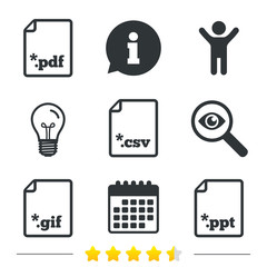 Poster - Download document icons. File extensions symbols. PDF, GIF, CSV and PPT presentation signs. Information, light bulb and calendar icons. Investigate magnifier. Vector