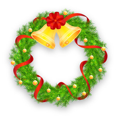 Christmas wreath with red ribbon, bells and balls on white backg