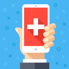 Poster - Hand holding smartphone with white cross on red background on screen. Emergency, mobile healthcare technology, online medicine, medical app, online doctor help. Modern flat design vector illustration