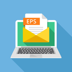 Poster - Laptop with envelope and EPS file. Notebook and email, file attachment EPS document. Trendy graphic elements. Modern long shadow flat design. Vector illustration