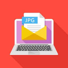 Poster - Laptop with envelope and JPG file. Notebook and email with file attachment JPG image. Trendy graphic elements and concepts. Modern long shadow flat design. Vector illustration