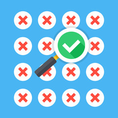 Aufkleber - Magnifying glass with tick checkmark icon and lot of red crosses icons. Creative flat design vector illustration
