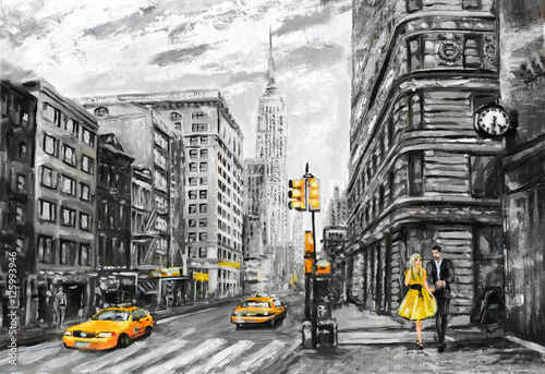 Naklejka na szafę oil painting on canvas, street view of New York, man and woman, yellow taxi, modern Artwork, New York in gray and yellow colors, American city, illustration New York