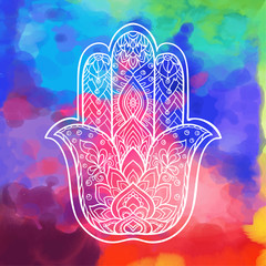 Vector Indian hand drawn hamsa symbol with ethnic ornaments. Whi