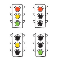 Doodle Traffic Light Set. Stop, Think, Do. Isolated Vector Illustration