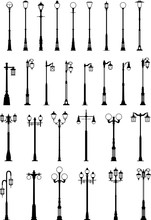 Set Of Different Types Of Black Silhouettes Street Lamps Isolated On White Background In Flat Style. Vector Illustration.