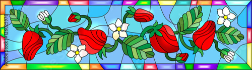 Naklejka - mata magnetyczna na lodówkę Illustration in stained glass style with flowers, berries and leaves of strawberry in a bright frame