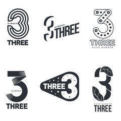 set of black and white number three logo templates, vector illustrations isolated on white backgroun
