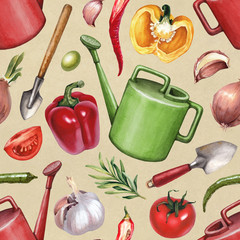 Wall Mural - Garden tools and vegetables watercolor illustrations. Seamless p