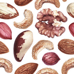 Wall Mural - Seamless pattern with watercolor illustrations of nuts