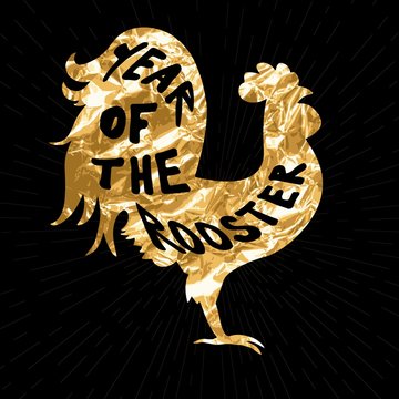 Vector design. Lettering composition on the body of a rooster. Phrase Year of the rooster. Chinese calendar for the year of rooster. Poster with lettering quote. Gold leaf