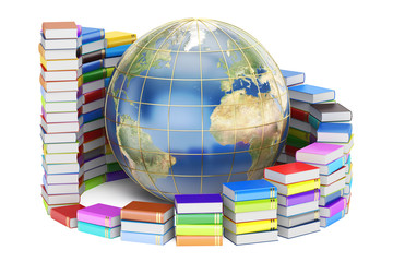 Wall Mural - E-learning concept, Books with Globe. 3D rendering