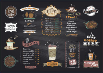 chalkboard coffee and desserts menu list designs set for cafe or restaurant