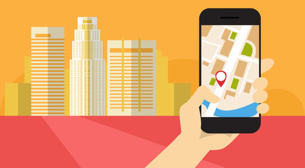 Poster - Hand Hold Cell Smart Phone Application Online Gps Navigation Banner Flat Vector Illustration