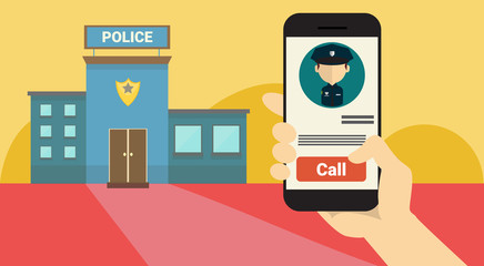 Poster - hand hold cell smart phone application online police service banner flat vector illustration