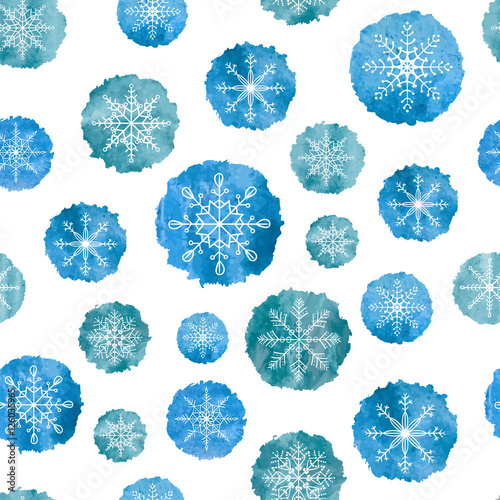 Materiał do szycia Nahtlose Muster Schneeflocken. Weiße Schneeflocken auf blauen Aquarell Hintergründe. Vektor-Illustration.