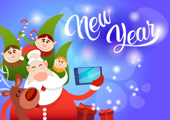 Wall Mural - Santa Claus With Reindeer Elfs Making Selfie Photo, New Year Christmas Holiday Greeting Card Flat Vector Illustration