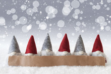 Gnomes, Silver Background, Bokeh, Snowflakes, Copy Space