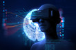 3d rendering of virtual human in VR headset on futuristic techno