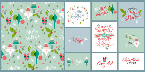 Christmas Holiday Background. Pattern with winter symbols. Christmas and New Year congrats. Season greetings. Lettering for postcards and greetings to family and friends