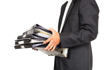 Businessman is holding many document folders, business busy conc