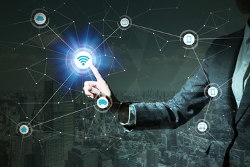 Poster - smart city and internet of things abstract. business person and technology concept