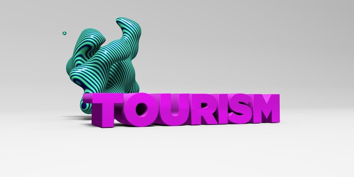 TOURISM -  color type on white studiobackground with design element - 3D rendered royalty free stock picture. This image can be used for an online website banner ad or a print postcard.