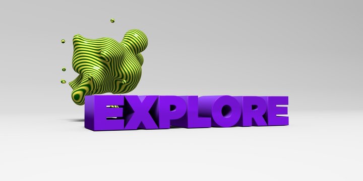 EXPLORE -  color type on white studiobackground with design element - 3D rendered royalty free stock picture. This image can be used for an online website banner ad or a print postcard.