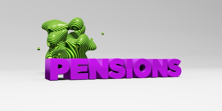 PENSIONS -  color type on white studiobackground with design element - 3D rendered royalty free stock picture. This image can be used for an online website banner ad or a print postcard.