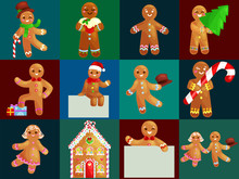 Set Christmas Cookies Gingerbread Man Decorated With Icing Dancing And Having Fun In Hat With The Christmas Tree And Gifts, Xmas Sweet Food Vector Illustration
