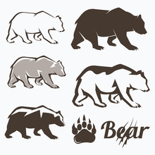 Set Of Walking Bear Silhouettes In Different Style, Collection O