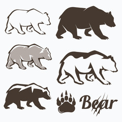set of walking bear silhouettes in different style, collection o