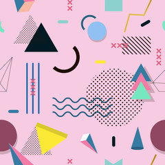 Memphis pattern of geometric shapes for tissue and postcards.