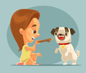 Wall Mural - Little girl child character training dog puppy character with bone. Best friends. Vector flat cartoon illustration 