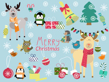Cute Animals And Christmas Vector Illustration. Penguins, Deer, Owl, Hedgehog, Gifts And Gifts. Elements For Design