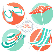 Vector Illustration Summer Icons: Flip Floppers, Hat, Beach Umbrella And Chair