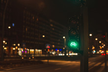 Green Traffic Lights For Bicycles Drivers In The Evening City