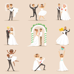 Canvas Print - Newlyweds Posing And Dancing On The Wedding Party Set Of Scenes