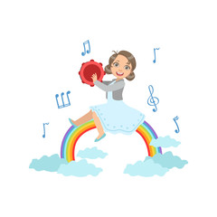 Sticker - Girl Playing Tambourine With Rainbow And Clouds Decoration