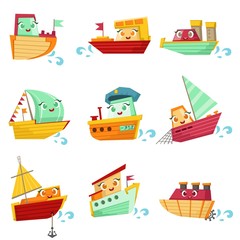 Poster - toy boats with faces colorful illustration set