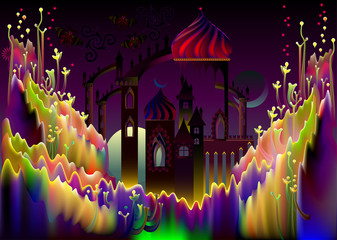 Illustration of fairyland fantasy kingdom, vector cartoon image.