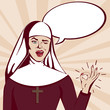 Retro Pop art nun. Beautiful smiling and winking nun with ok gesture and speech bubble.