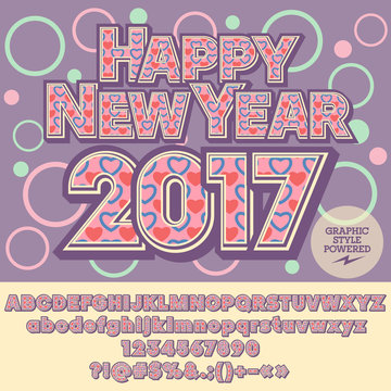 Vector lovely Happy New Year 2017 greeting card with set of letters, symbols and numbers. File contains graphic styles