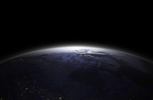 Earth At Night As Seen From Space With Blue, Glowing Atmosphere And Space At The Top. Perfect For Illustrations. Elements Of This Image Furnished 3d Render