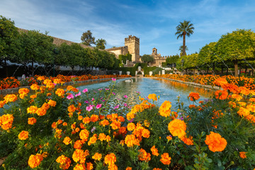 Wall Mural - Blooming gardens and fountains of Alcazar de los Reyes Cristianos, royal palace of the cristian kings, in Cordoba, Andalusia, Spain