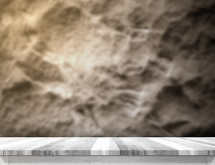 Aufkleber - white wooden plank table top at blurred rough stone wall,Templat